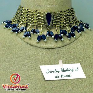 Woven Pearls and Stones Afghani Choker, Handmade Afghan Golden Tone Choker